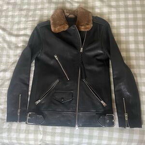 All Saints Black Leather Jacket with Brown Fur Collar